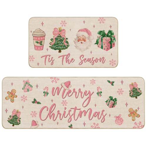 Pink Christmas Kitchen Rugs Set - Santa, Tree & Bow Holiday Floor Mats 17x27 & 17x47 inches