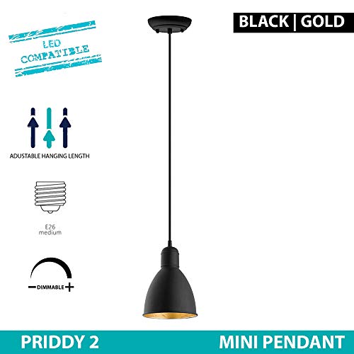 EGLO Priddy 1-Light Mini Pendant Hanging Lighting Fixture with Steel Shade for Kitchen Island, Hallway, and Dining Room, 60W, 82 in, Black and Gold
