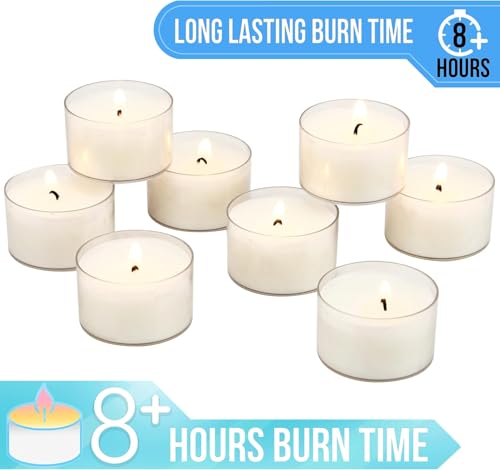 Stonebriar Unscented Tea Light Candles Pack of 192 — 8 Hour Burn, Clear Cup, Long-Lasting, Indoor & Outdoor Decor