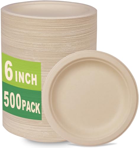 Heavy-Duty Compostable 6-Inch Dessert Plates - Biodegradable Bagasse & Bamboo, 500 Count