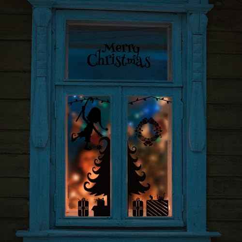 2 Sheets Christmas Silhouette Window Clings Black Xmas Tree Elves Gift Box Reusable Window Decals for Home School Office Winter Party Supplies