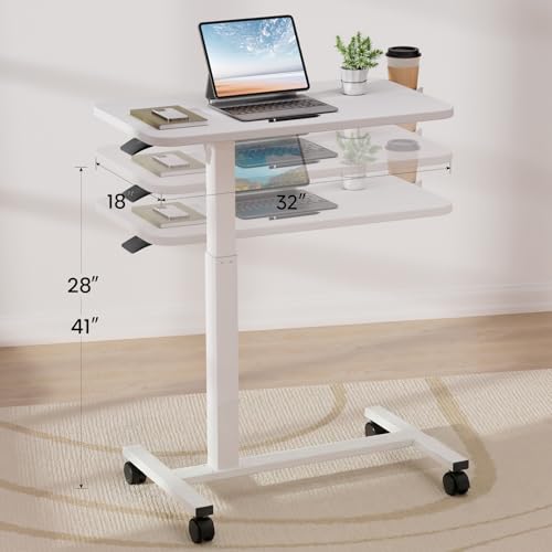White GTPLAYER Adjustable Mobile Standing Desk with Lockable Wheels, Overbed Table, 32x18 inch
