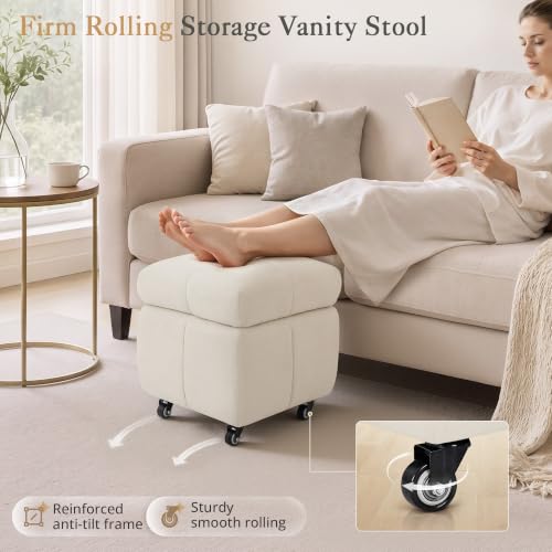 LUE BONA Beige Square Storage Ottoman with Wheels, 17.4L Tufted Foot Rest & Hidden Storage