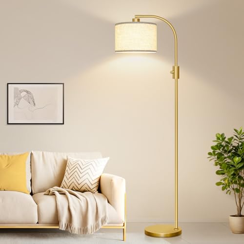Modern Arc Floor Lamp with Dimmable Linen Shade - Gold, 1200 Lumens, LED Bulb Included
