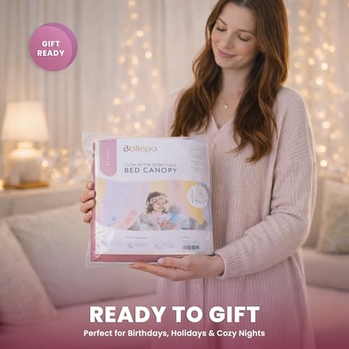 Pink Bed Canopy for Girls with Glowing Stars - Princess Room Decor, Fits Twin to Queen Size Bed
