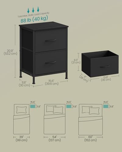 Nightstand with 2 Fabric Drawers - Bedside End Table, Black, 2 Pack