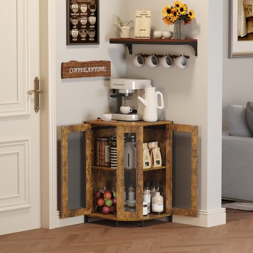 Corner Coffee Bar Cabinet 3-Tier Storage Shelf 18.7x18.7x30 inches - Rustic Wood & Iron