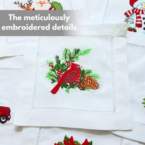 HCRAFT 6x6 in Christmas Cocktail Napkins - Embroidered Cotton Set of 6, Xmas Decorative