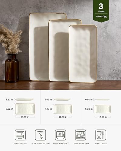 Famiware Vanilla White 3-Piece Serving Platters Set - Rectangular, Large to Small