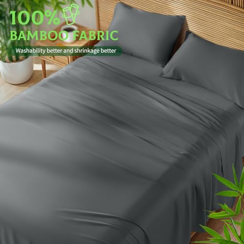 SONORO KATE Bamboo Rayon Bed Sheets Set - Dark Grey King, Deep Pocket, 4-Piece