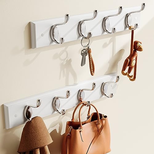 Amada Wall Mount Coat Rack 2-Pack with 8 Hooks, White Entryway Organizer