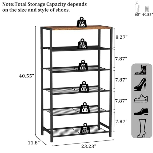 Rustic Brown 6-Tier Shoe Rack - Narrow Industrial Shoe Organizer for Closet Entryway