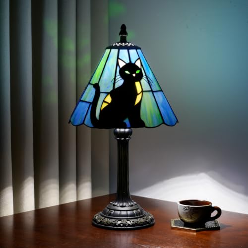 KIPHEPI 8-inch Black Cat Tiffany Table Lamp - Stained Glass Bedside Decor