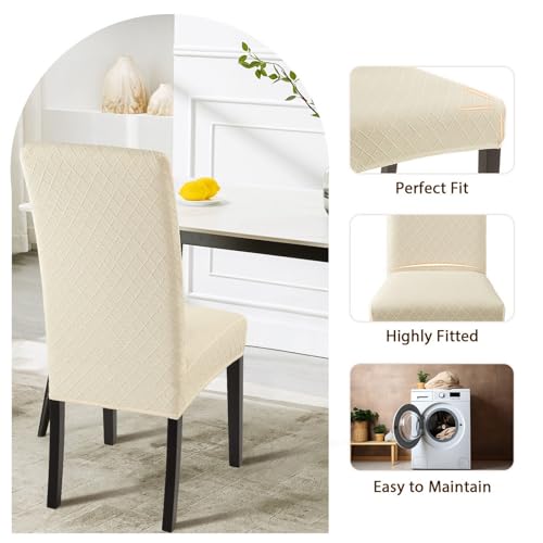 SearchI Beige Rhombus Set of 6 Dining Chair Covers - Stretch Jacquard Parson Slipcovers