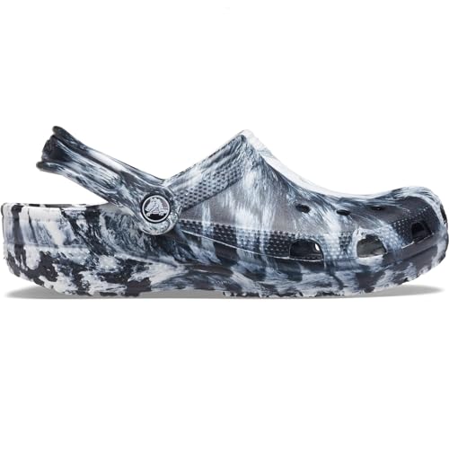 Crocs Unisex Classic Marbled Tie-Dye Clogs - 9 Women / 7 Men, White & Black