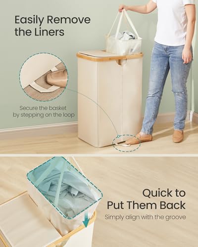 SONGMICS Cream White 150L Laundry Hamper with 2 Lids & 2 Compartments