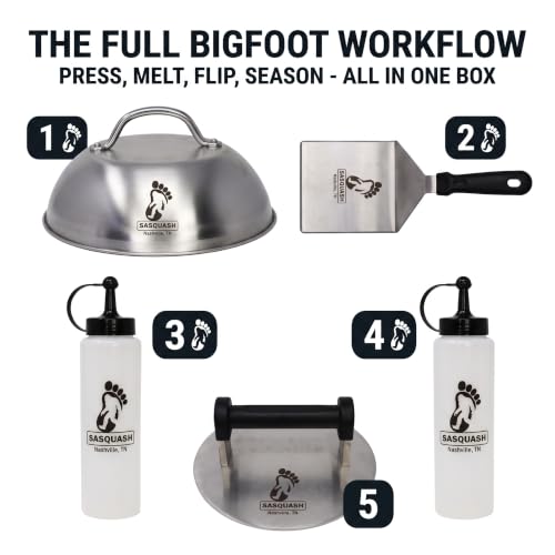 Burger Smash Set - 5 Piece Griddle Kit with Press, Spatula, Dome & Bottles - Combo