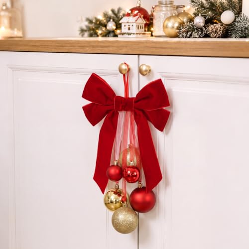 12-Inch Red Gold Christmas Ornament with Velvet Bow for Holiday Decor