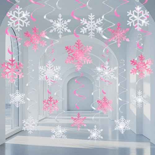 20 Pcs Winter Snowflake Hanging Swirls Decorations - Pink Silver Winter Hanging Ceiling Streamers Glitter Snowflakes Garland for Christmas Winter Wonderland Frozen Party Supplies