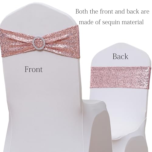 50 Pack Rose Gold Sequin Chair Sashes Bows for Wedding Party Decor