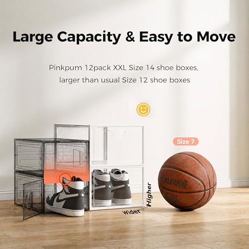 Pinkpum XXL 12 Pack Clear Stackable Shoe Storage Boxes - Large Capacity, Breathable, Easy Assembly
