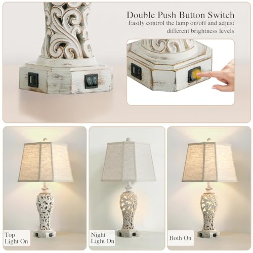 Reyokale Wash White Rustic Table Lamp Set with USB Ports & Nightlight - Farmhouse Vintage End Table Lamps for Living Room & Bedroom