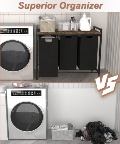 3 Section Laundry Hamper with Pull-Out Bins - Rustic Brown & Black, No Wheels