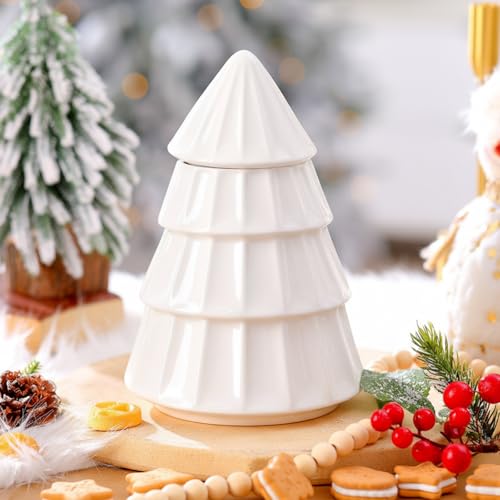 Ceramic Cookie Jar with Lid Neutral Christmas Tree 10 x 7 Inch