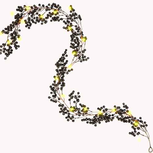 KAMJUNTAR Black Pip Berry Garland with Lights 6.4FT Artificial Black Berry Garland for Decorating Halloween Garlands Decorations for Home Outdoor Indoor Mantle Fireplace Table, Pack of 1