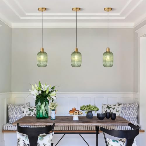 2 Pack Pendant Lights with Vintage Green Ribbed Glass Shades - Adjustable Brushed Gold Fixtures for Kitchen Island, Dining & Living Room (Bulbs Not Included)