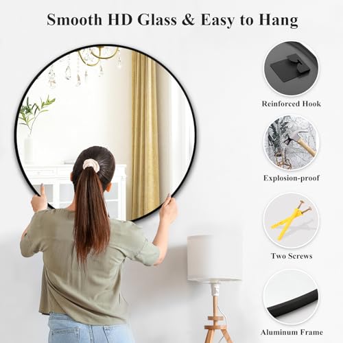 30 Inch Black Round Wall Mirror - Matte Framed Bathroom Mirror with Two Mounting Holes