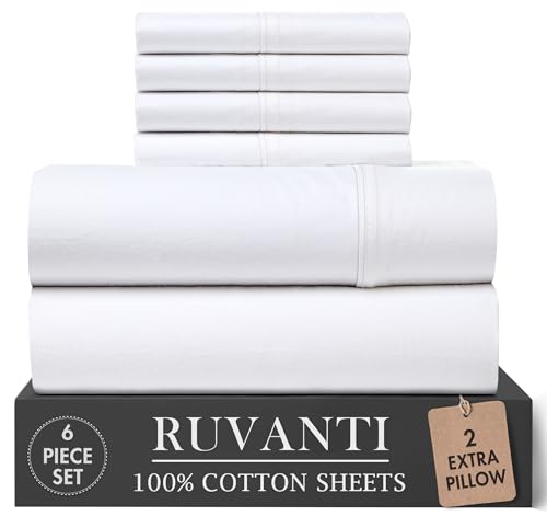 RUVANTI Full Size Cotton Percale Bed Sheet Set Bright White - 6 Piece, Deep Pocket Fitted & Pillowcases