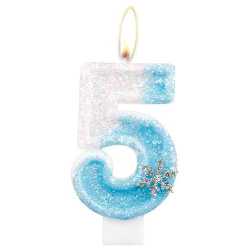 Frozen Snow Themed Birthday Candles,Blue and White Glitter Birthday Number 5 Candles,Snowflake Glitter 5th Candles for Kids Adults Birthday Wedding Anniversary Party Supplies