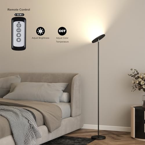 JOOFO LED Torchiere Floor Lamp with Remote & Stepless Dimming Black