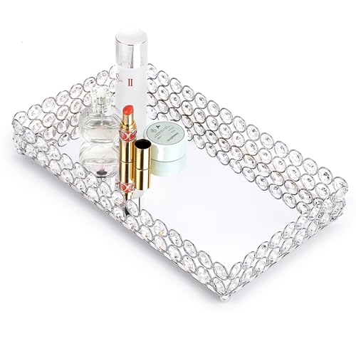 Hipiwe Crystal Mirror Perfume Tray Large Silver 13.8" x 7.9" Vanity Organizer