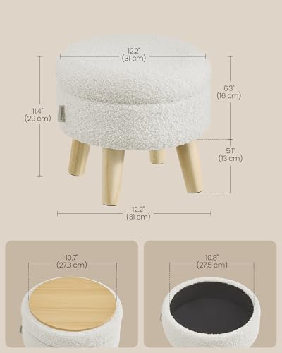 SONGMICS White Round Small Storage Ottoman Footstool with Legs, 12.2 Inch