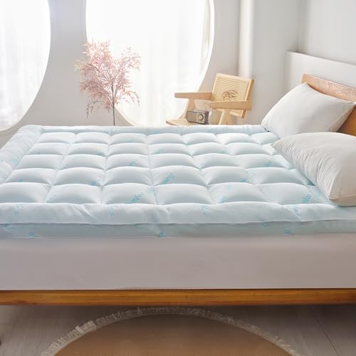 Blue King Size Bamboo Mattress Topper - Cooling Extra Thick Breathable Viscoelastc Mattress Pad with Deep Pocket