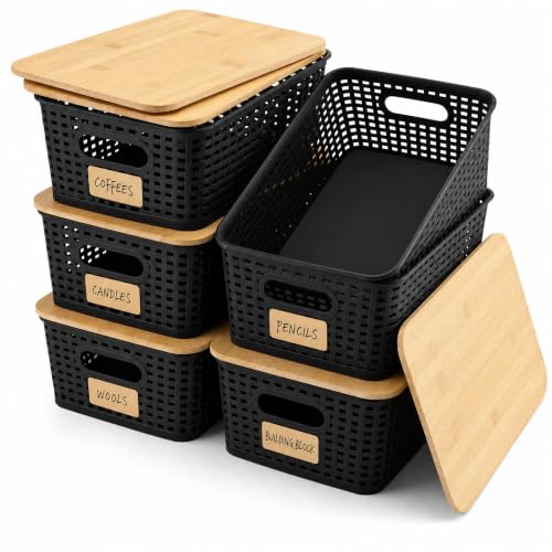 AREYZIN Black Storage Bins with Bamboo Lids Set of 6 - Stackable Closet & Kitchen Organizers