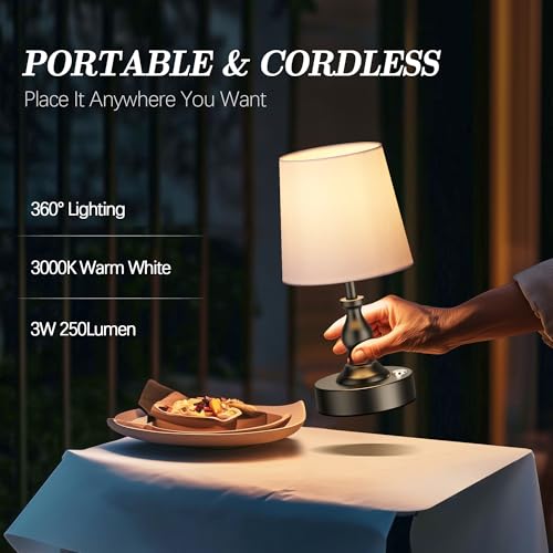Mini Cordless LED Table Lamp - Rechargeable Battery, 3-Level Touch Dimmable, Bedside Night Light, Matte Black