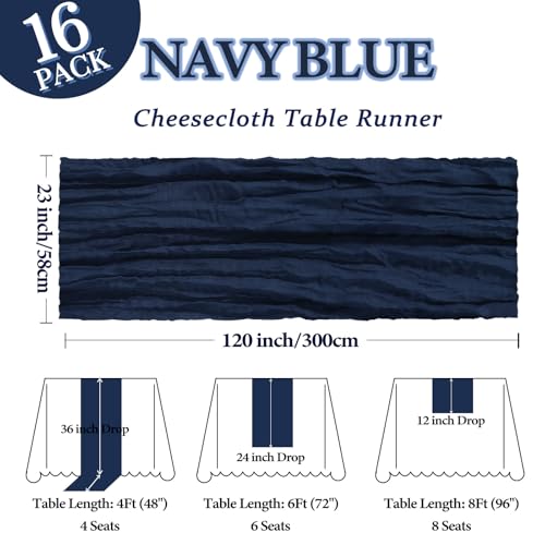 Heneger Navy Blue 16 Pack 10ft Cheesecloth Table Runners – 23 x 120 in (55 x 300 cm), Navy Blue, 16 Pcs