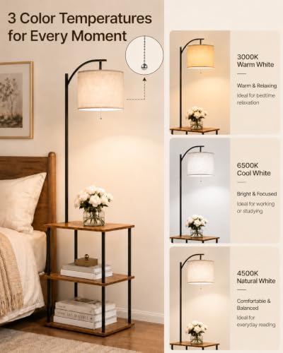 Rustic Brown Floor Lamp with Table and Shelves - 3 CCT 9W LED Bulb