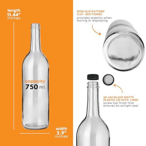 FastRack 750 ml Clear Bordeaux Wine Bottles (Pack of 12) Screw top finish with 12 Black PLASTIC caps | W5 Flint Flat-Bottomed Glass Bottles Ideal for Wine Making and Storage