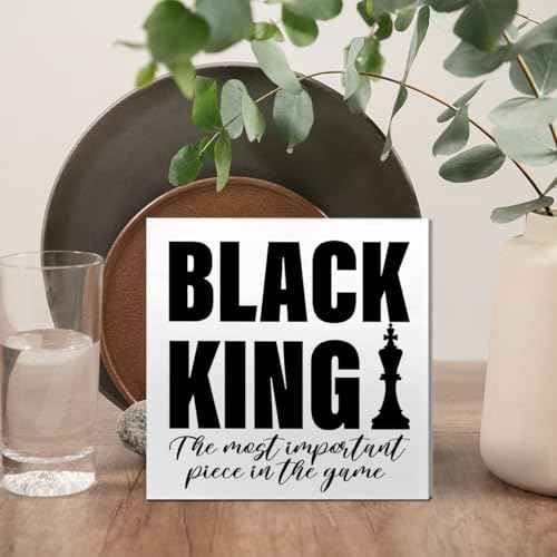 Black King Decor Wooden Box Sign, Inspirational African American Men Desk Decoration Afro Boy Black Men Home Office Bedroom Living Room Decor, Black King Gifts for Men, White