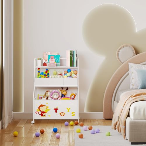 BBLIKE White 3-in-1 Kids Toy Storage Organizer with Wheels, Large Toy Chest & Shelves
