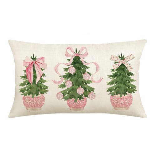 Pink Christmas Tree Merry Christmas Throw Pillow Cover, 12 x 20 Inch Pink Chinoiserie Christmas Watercolor Green Cushion Case Decoration for Sofa Couch
