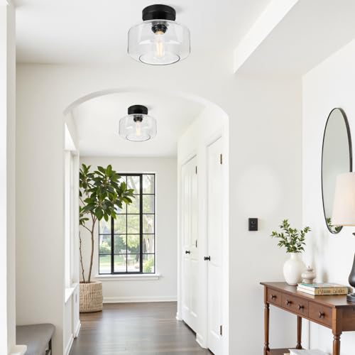 Farmhouse Semi Flush Ceiling Light - Black Seeded Glass Shade, Vintage Style, 8.7-inch Diameter - Space-Saving Industrial Fixture for Hallway & Bedroom
