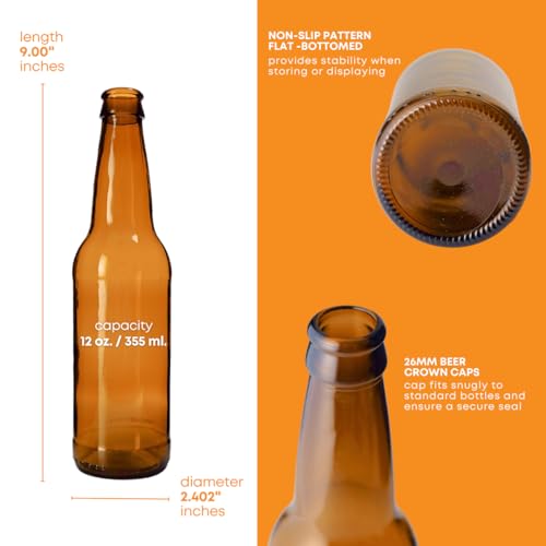 12oz Amber Glass Beer Bottles Pack of 48 for Home Brewing - Longneck Bottles with Crown Finish