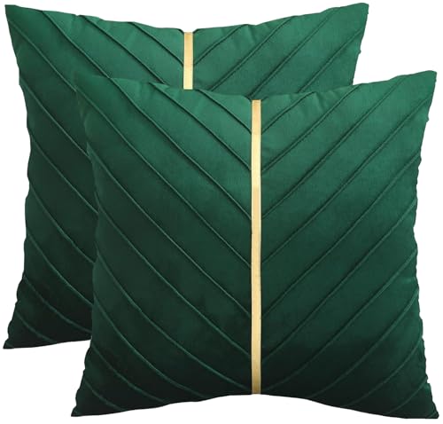 Dark Green Velvet Pillow Covers 20x20 Inch Pack of 2 with Gold Accents - Tosleo
