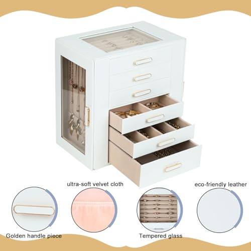 BOOVO White 6-Layer Jewelry Organizer Box with Clear Lid, Large Storage