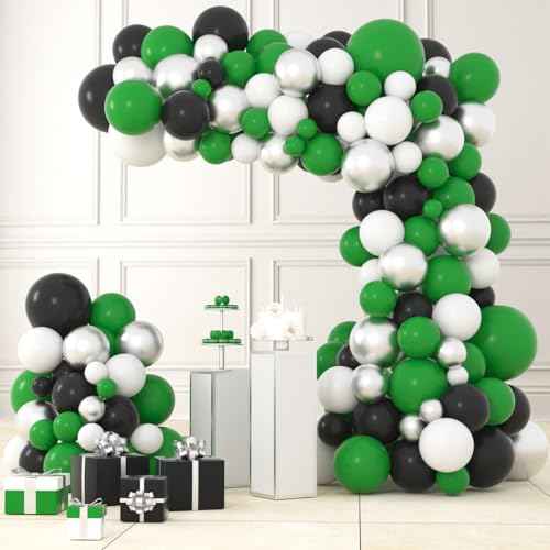 Green Black White Silver Balloon Arch Garland Kit - Green and White Balloons for Jungle Safari Baby Shower Graduation Wedding Anniversary Soccer Ball Birthday Party Decors